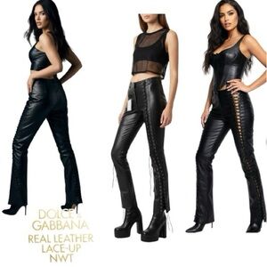 Dolce & Gabbana NWT Black Leather Pants Asymmetrical Lace Up Italy Vintage Y2K